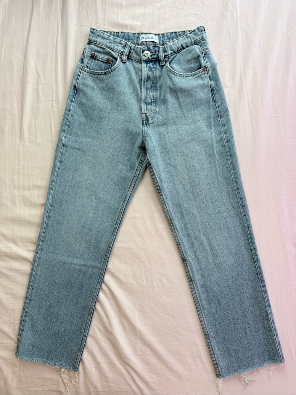 ZARA High Rise Straight Leg Light Wash Raw Hem Jeans Size US 4 EU 36